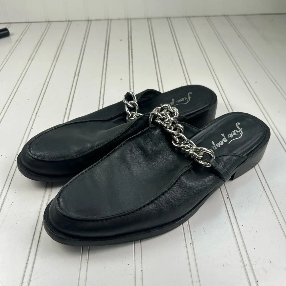 Free People Black Leather Vida Mules Chain-Detail Mule Loafers Women’s Size 9.5 - Picture 4 of 10